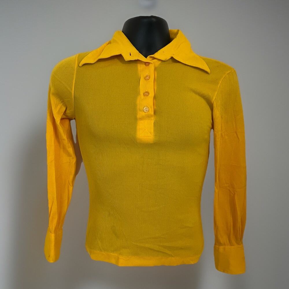 Vtg 70s Disco Dagger Collar Dress Shirt Yellow Button Up Semi-Sheer Qtr S to M
